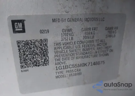 2019 Chevrolet Cruze Ls z USA, uszkodzony, nr VIN 1G1BC5SM0K7148875